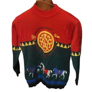 Vintage Mondi W. German Equestrian Horse Red Green Mock Neck Sweater Size Medium
